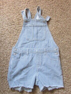 NWOT Old Navy Girls Large 10/12 Blue White Engineer Stripe Bib Overall Shorts